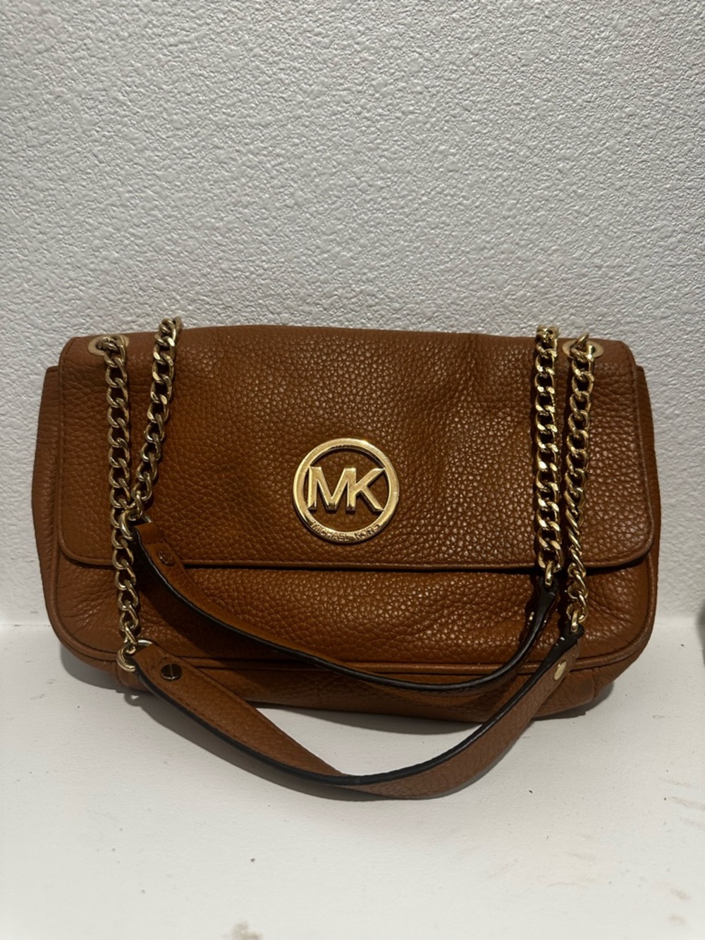 Michael Kors Tan Pebbled Leather Shoulder Bag with Gold MK Emblem